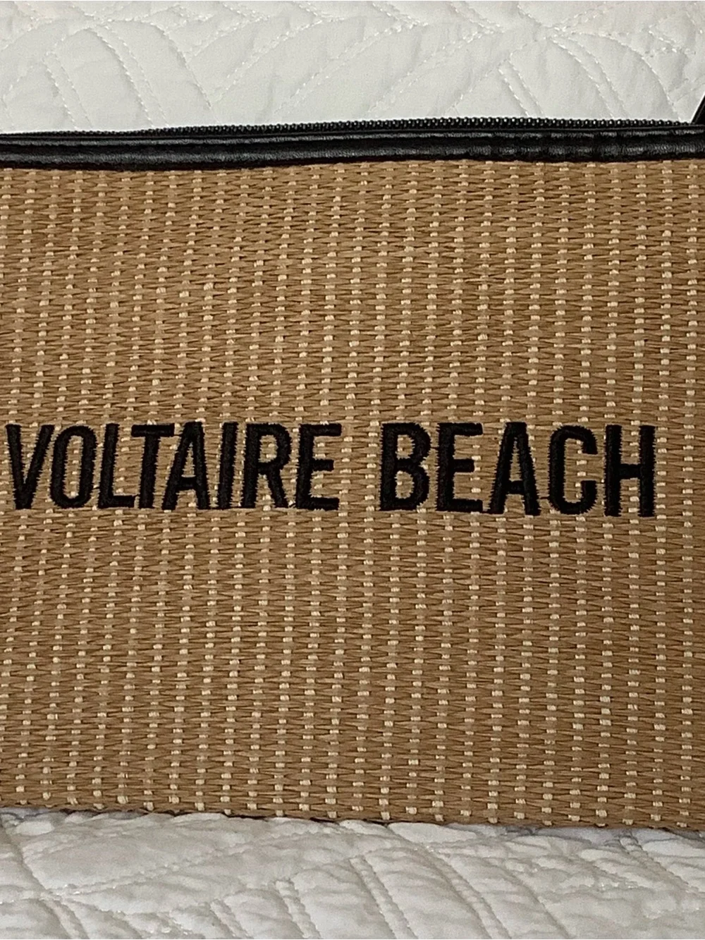 Woven Straw Clutch in Tan with Black Trim